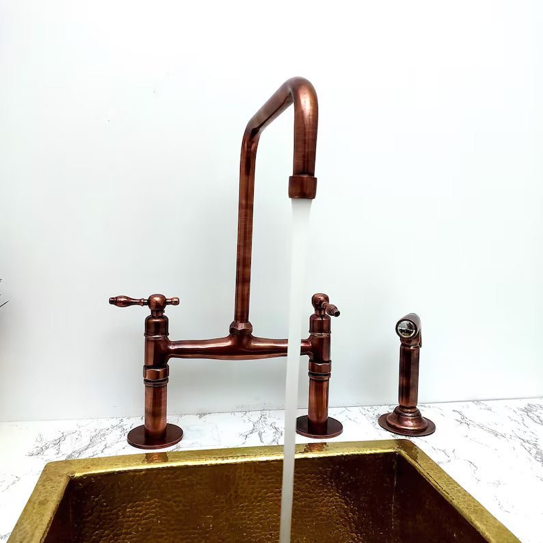 Solid Copper Bridge Faucet, Copper Kitchen Faucet, Kitchen Sink Faucet with Dual Lever Handles, and with Water Sprayer