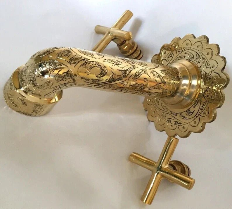 Gold Brass Engraved Faucet, Two Handle Faucet, Handmade Brass Water-Tap, Engraved Moroccan Faucet, Brass Rustic Faucet