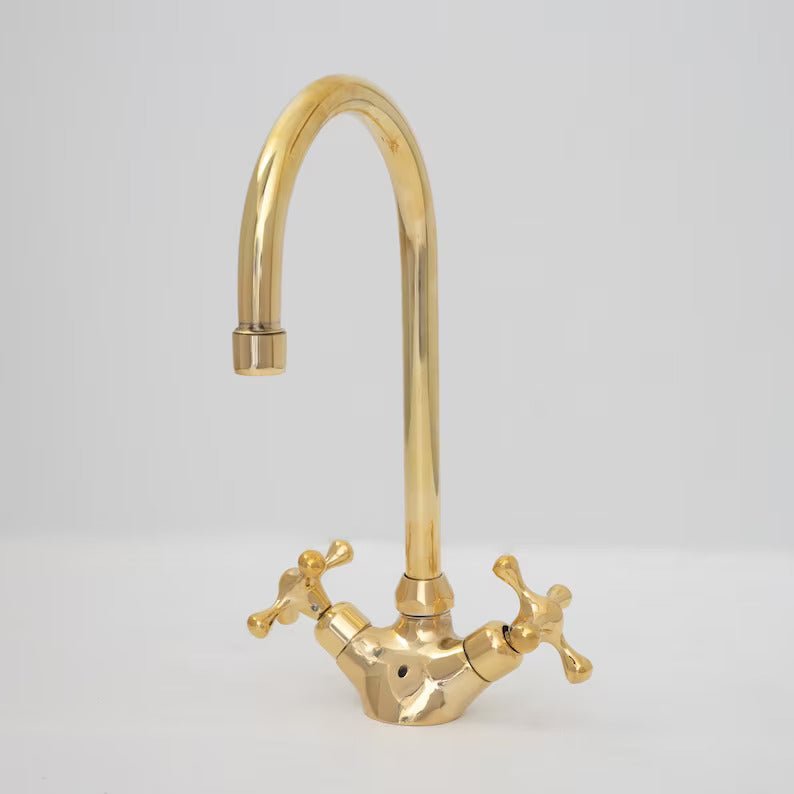 Gooseneck Bathroom Vanity Solid Brass Faucet, Unlacquered Brass with Cross Handles & Aerator