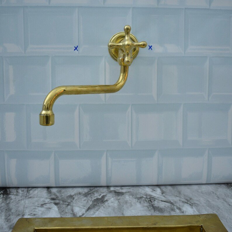 Unlacquered Brass Pot Filler Kitchen Faucet, Solid Brass Faucet with Cross Handle