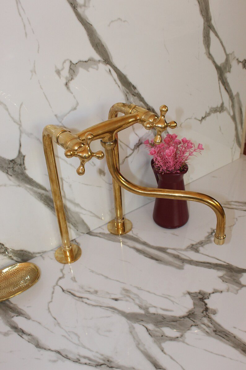 Unlacquered Brass Antique Kitchen Faucet with simple cross handles for modern kitchen vintage style