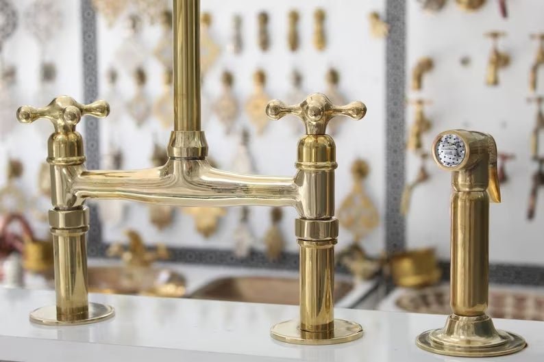 Unlacquered Brass Bridge Kitchen Faucet With Various Handles style 8" Spread