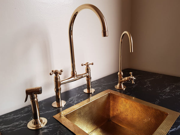 Unlacquered Brass Bridge Faucet , Brass sink faucet with solid brass kitchen hand sprayer & cold faucet