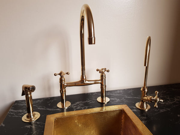 Unlacquered Brass Bridge Faucet , Brass sink faucet with solid brass kitchen hand sprayer & cold faucet