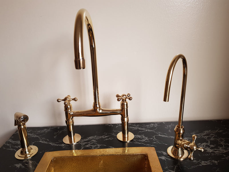 Unlacquered Brass Bridge Faucet , Brass sink faucet with solid brass kitchen hand sprayer & cold faucet