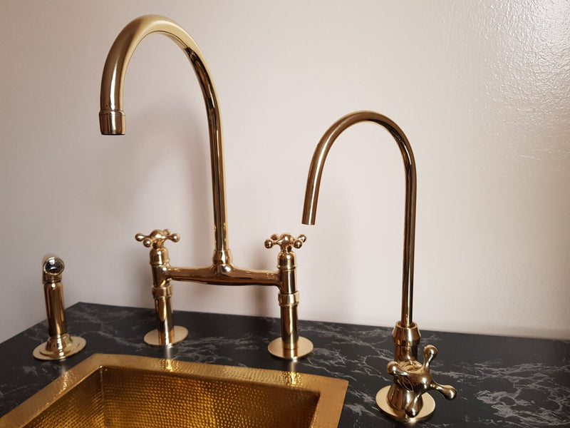 Unlacquered Brass Bridge Faucet , Brass sink faucet with solid brass kitchen hand sprayer & cold faucet