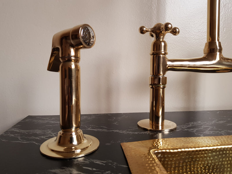 Unlacquered Brass Bridge Faucet , Brass sink faucet with solid brass kitchen hand sprayer & cold faucet
