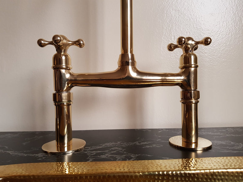 Unlacquered Brass Bridge Faucet , Brass sink faucet with solid brass kitchen hand sprayer & cold faucet