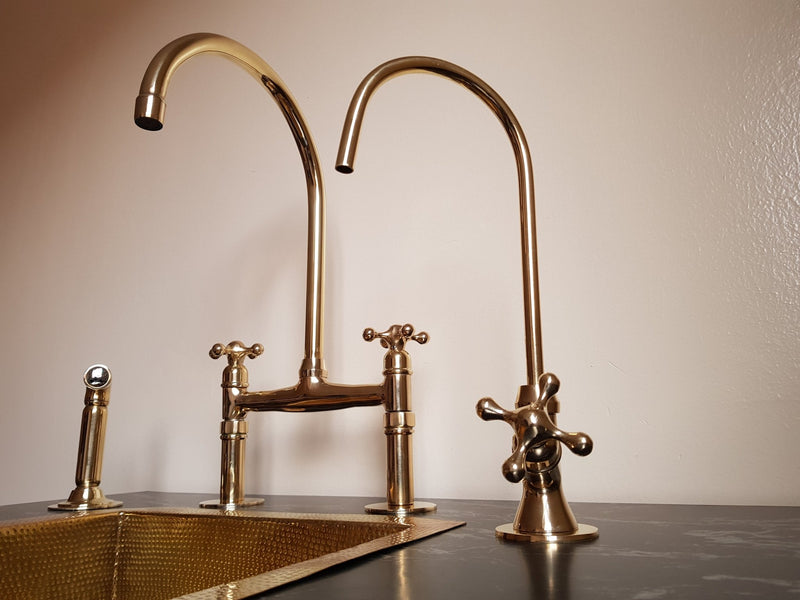 Unlacquered Brass Bridge Faucet , Brass sink faucet with solid brass kitchen hand sprayer & cold faucet