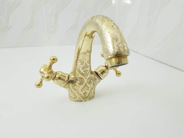 Solid brass engraved faucet; Bathroom faucet; two handles bathroom faucet