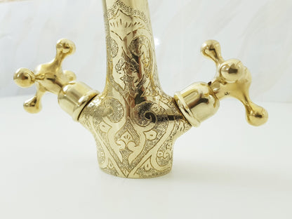Solid brass engraved faucet; Bathroom faucet; two handles bathroom faucet