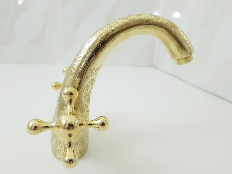 Solid brass engraved faucet; Bathroom faucet; two handles bathroom faucet
