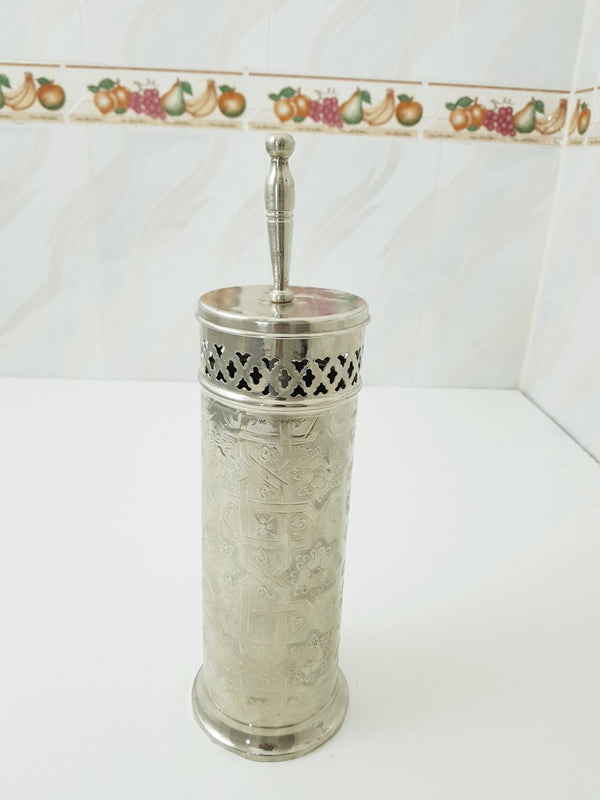 Silver toilet brush holder ; Engraved solid silver ; handmade toilet brush holder ;floor mount toilet brush holder