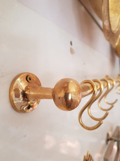 Unlacquered Brass Wall Mounted Pot Rack , Brass Kitchen Rail with Hooks , Brass Wall Pot Rack Kitchen Storage