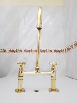 Brass Bridge Kitchen Faucet 8 inch spread