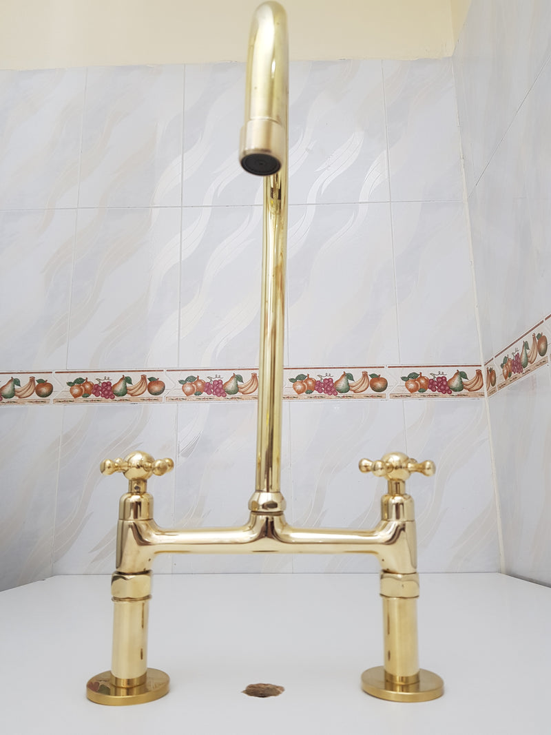 Brass Bridge Kitchen Faucet 8 inch spread