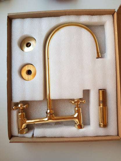 Brass Bridge Faucet - Antique Brass Kitchen Faucet with sprayer