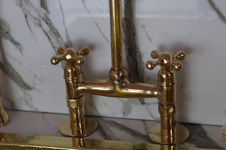 Unlacquered Brass Bridge Faucet With Linear Legs and Various Handles style  vintage Kitchen 8" Brass Bridge