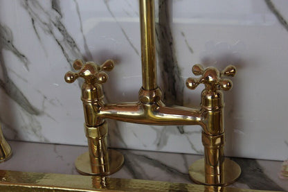 Unlacquered Brass Bridge Faucet With Linear Legs and Various Handles style  vintage Kitchen 8" Brass Bridge