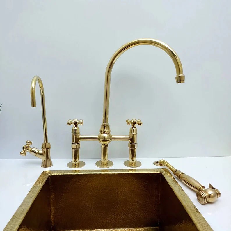 Unlacquered Brass Bridge Kitchen Faucet with Ball Center, 3 straight Legs, Sprayer and Cross Handle - 8” Spread