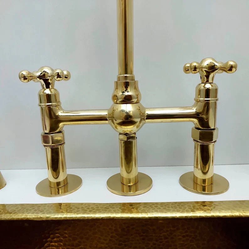 Unlacquered Brass Bridge Kitchen Faucet with Ball Center, 3 straight Legs, Sprayer and Cross Handle - 8” Spread