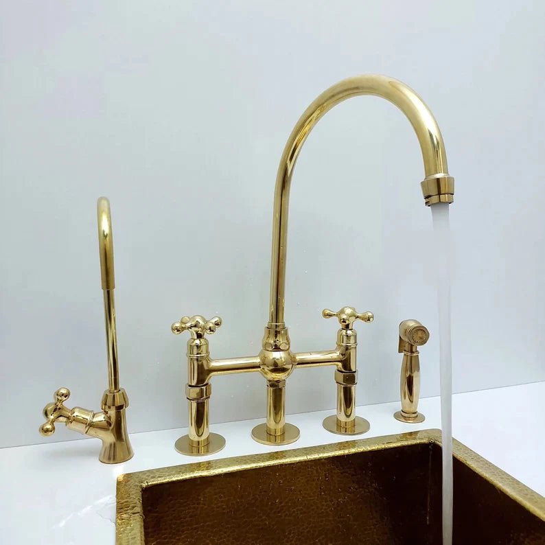 Unlacquered Brass Bridge Kitchen Faucet with Ball Center, 3 straight Legs, Sprayer and Cross Handle - 8” Spread