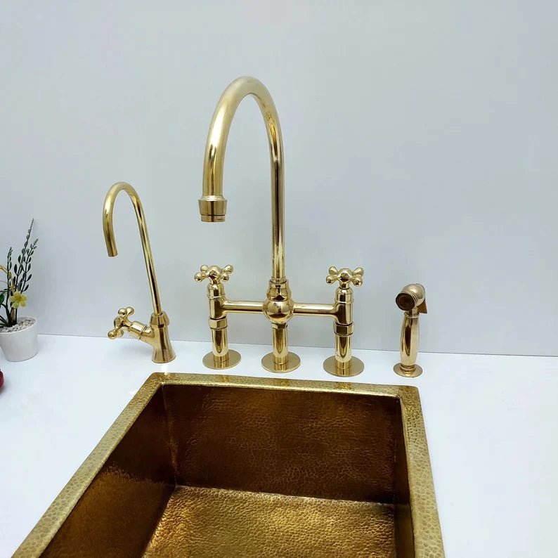 Unlacquered Brass Bridge Kitchen Faucet with Ball Center, 3 straight Legs, Sprayer and Cross Handle - 8” Spread