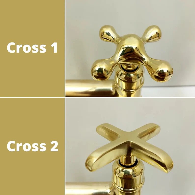 Unlacquered Brass Bridge Kitchen Faucet with Ball Center, 3 straight Legs, Sprayer and Cross Handle - 8” Spread