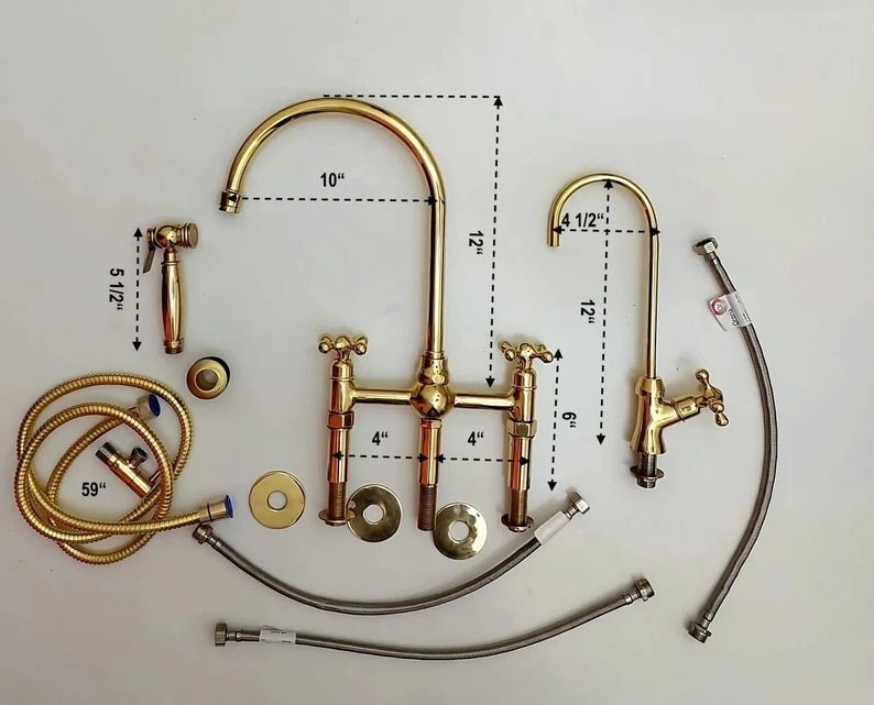 Küchenarmatur aus unlackiertem Messing mit Kugelgelenk, drei geraden Füßen, Brause und Kreuzgriff – 8 Zoll Ausladung 