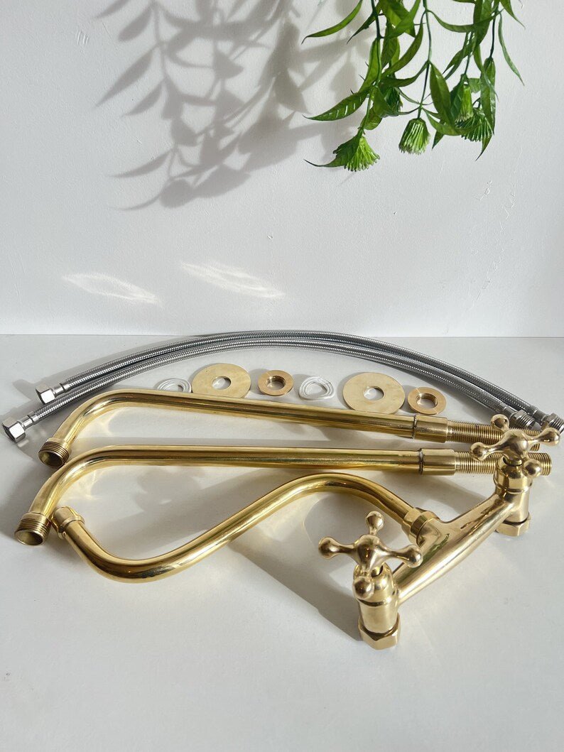 Unlacquered Brass Faucet Kitchen, Handcrafted Bridge Faucet with Straight legs & Various Handles Style - Kitchen Faucets