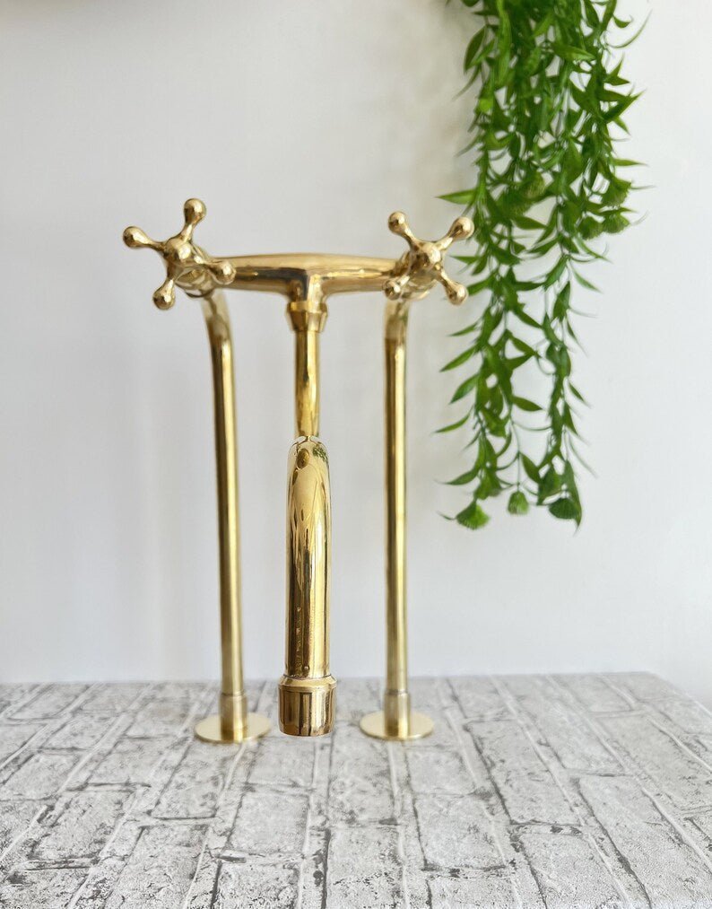 Unlacquered Brass Faucet Kitchen, Handcrafted Bridge Faucet with Straight legs & Various Handles Style - Kitchen Faucets