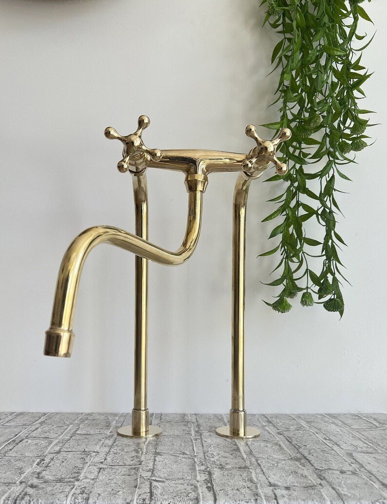 Unlacquered Brass Faucet Kitchen, Handcrafted Bridge Faucet with Straight legs & Various Handles Style - Kitchen Faucets