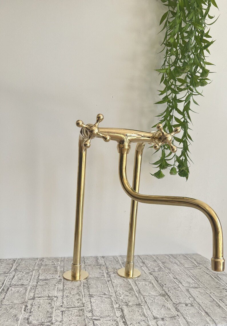 Unlacquered Brass Faucet Kitchen, Handcrafted Bridge Faucet with Straight legs & Various Handles Style - Kitchen Faucets