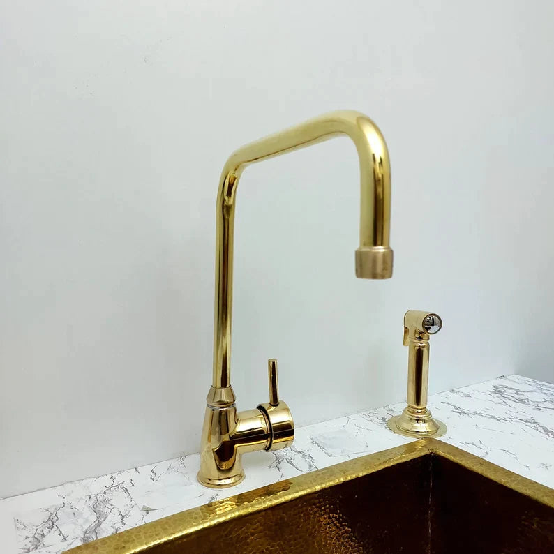 Unlacquered Solid Brass Faucet, Kitchen Sink Bridge Faucet, L Shaped Faucet, with Single Handle and side Sprayer