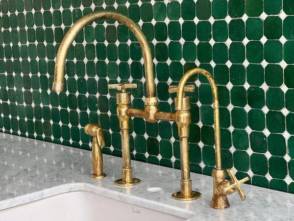 Unlacquered Brass Kitchen Faucet, Solid Brass Square Handles Faucet