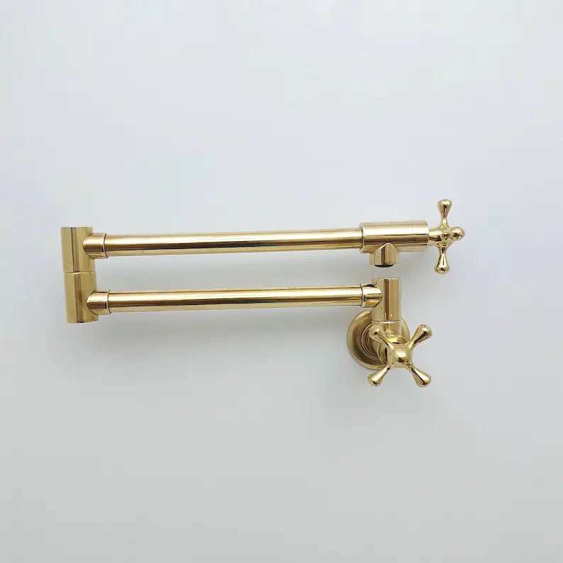 Unlacquered Brass Pot Filler with Cross Handle, Kitchen Pot Filler, Wall Mount Antique Pot Filler, Pasta Faucet, Double Joint Swing Arms