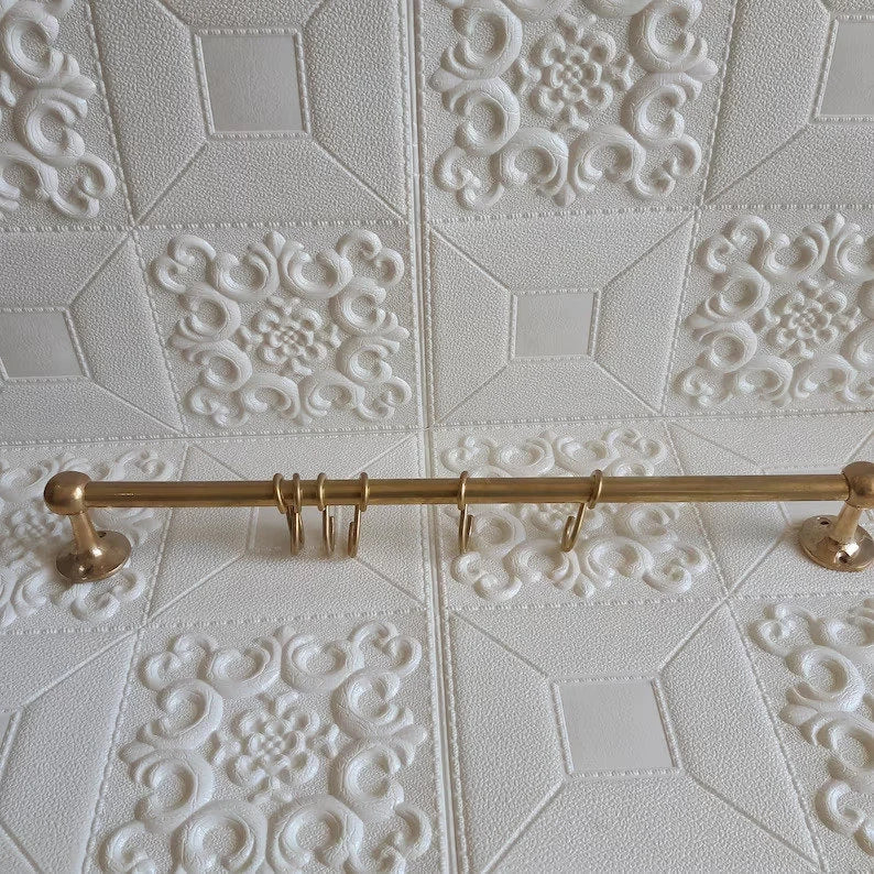 Unlacquered Brass Pot Rail with "S' hooks, Antique Style Unlacquered Brass Pot Rack Vintage Handmade Gold Brass Pot Rack Rustic Wall Mounted