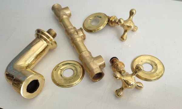 Unlacquered Brass Vintage Wall mounted bathroom faucet with gold finish & traditional handles