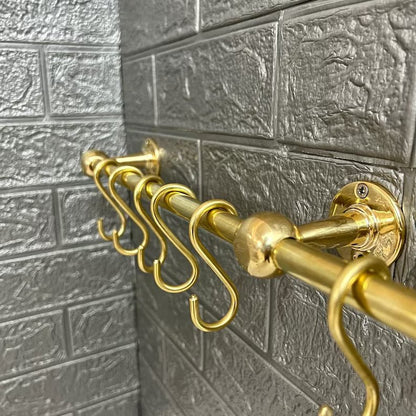 Unlacquered Solid Brass Hanging Pot and Pan, Antique Brass Pot Racks, Brass Kitchen Rail With Hooks, Brass Wall Pot Hanger, Brass Pan Rack