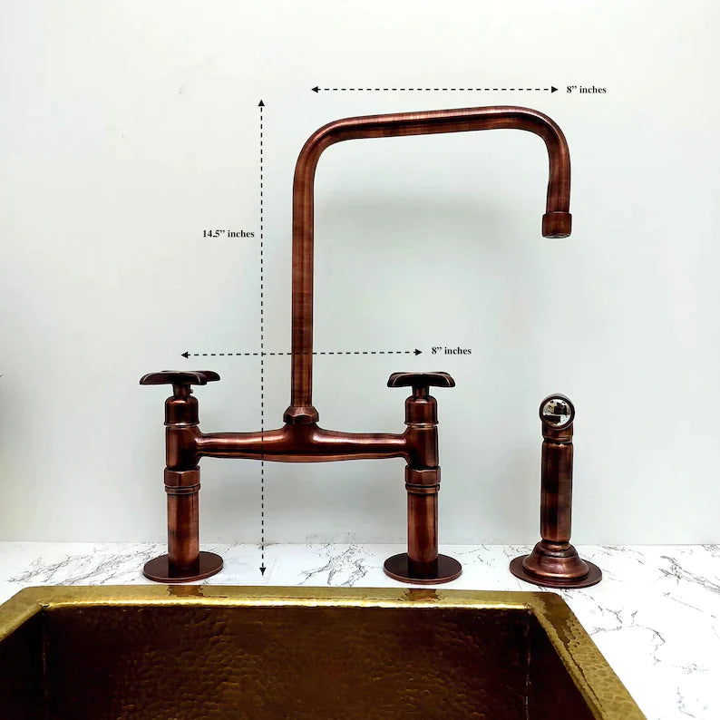 Solid Copper Bridge Faucet, Copper Kitchen Faucet, Kitchen Sink Faucet with Dual Lever Handles, and with Water Sprayer