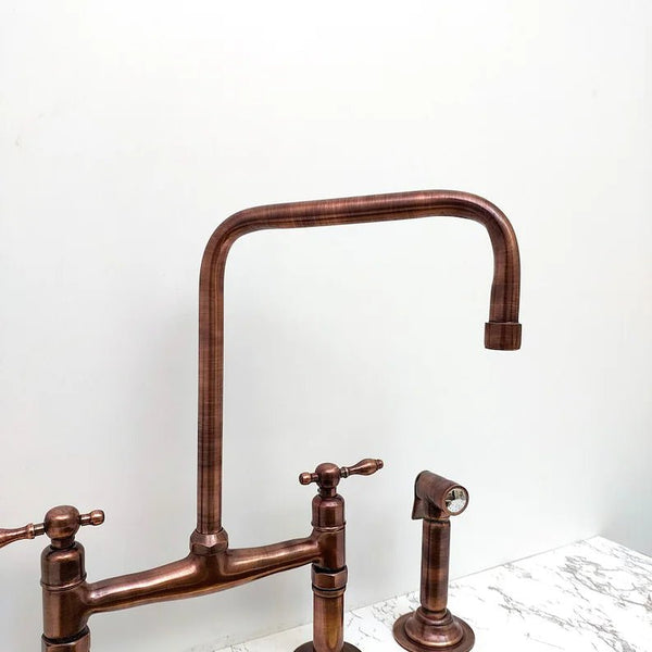 Solid Copper Bridge Faucet, Copper Kitchen Faucet, Kitchen Sink Faucet with Dual Lever Handles, and with Water Sprayer