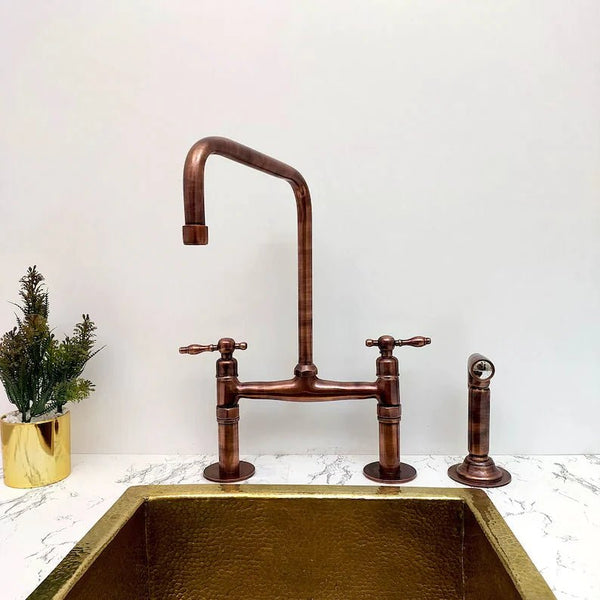 Solid Copper Bridge Faucet, Copper Kitchen Faucet, Kitchen Sink Faucet with Dual Lever Handles, and with Water Sprayer