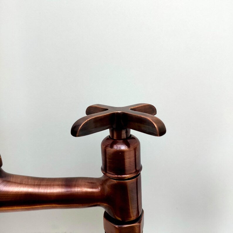 Solid Copper Bridge Faucet, Copper Kitchen Faucet, Kitchen Sink Faucet with Dual Cross Handles, and with Water Sprayer