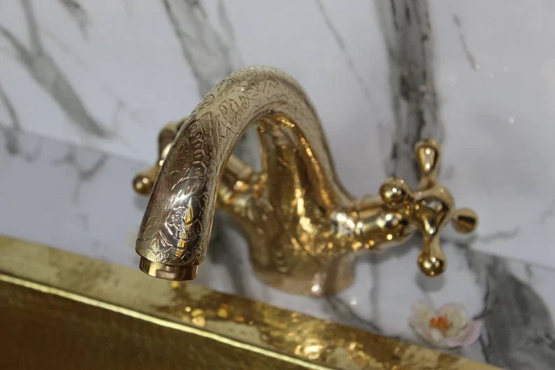 Single Hole Unlacquered Brass Bathroom Faucet , Bathroom Sink Vanity Faucet with Simple Cross Handles , Engraved Vintage Moroccan Faucet