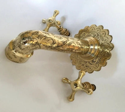 Gold Brass Engraved Faucet, Two Handle Faucet, Handmade Brass Water-Tap, Engraved Moroccan Faucet, Brass Rustic Faucet