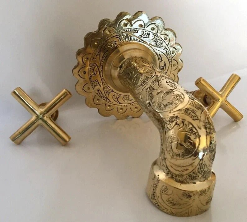 Gold Brass Engraved Faucet, Two Handle Faucet, Handmade Brass Water-Tap, Engraved Moroccan Faucet, Brass Rustic Faucet