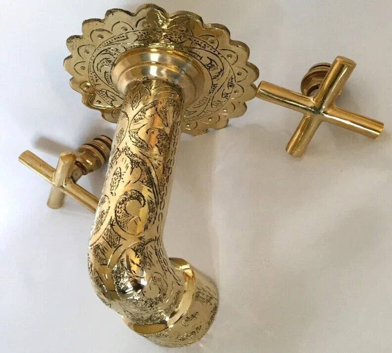 Gold Brass Engraved Faucet, Two Handle Faucet, Handmade Brass Water-Tap, Engraved Moroccan Faucet, Brass Rustic Faucet