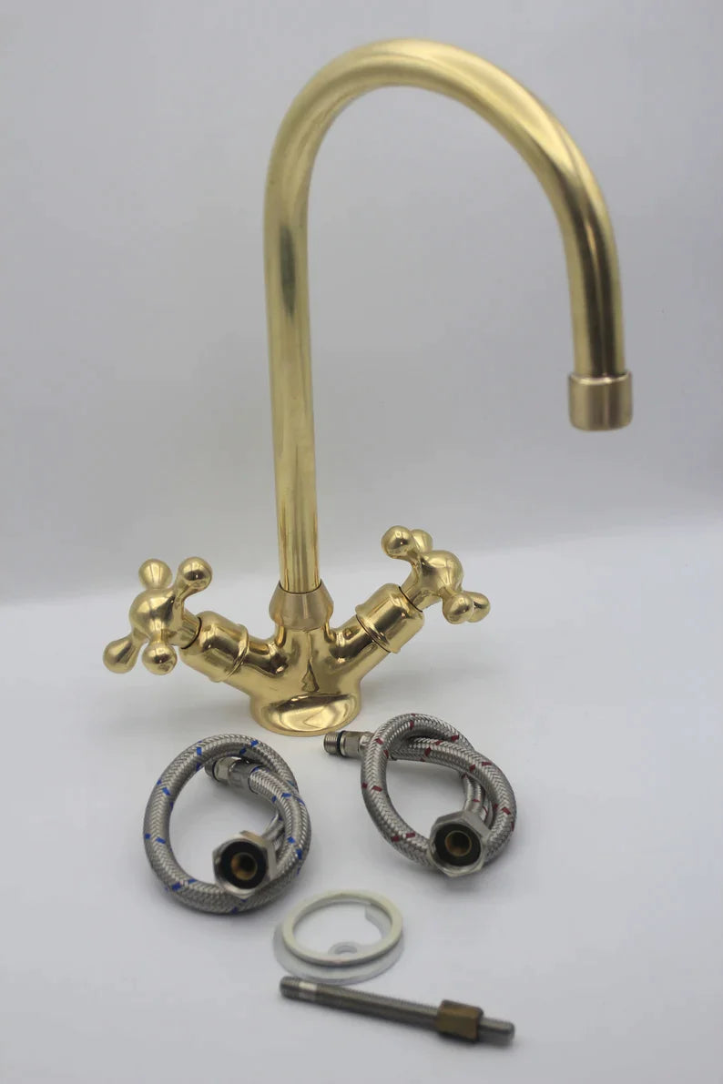 Gooseneck Bathroom Solid Brass Faucet, Unlacquered Brass Single hole Faucet , Kitchen Faucet Bathroom ,360 degree swivel spout