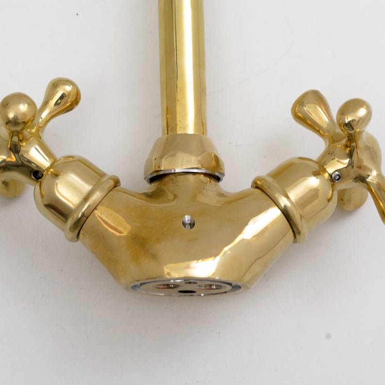 Gooseneck Bathroom Vanity Solid Brass Faucet, Unlacquered Brass with Cross Handles & Aerator