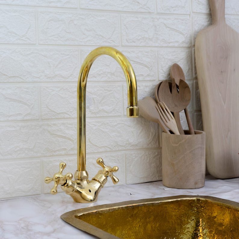 Gooseneck Bathroom Vanity Solid Brass Faucet, Unlacquered Brass with Cross Handles & Aerator